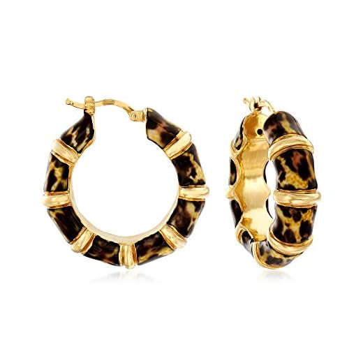 Ross-Simons Italian Leopard-Print Enamel Bamboo-Style Hoop Earrings in 18kt Gold Over Sterling