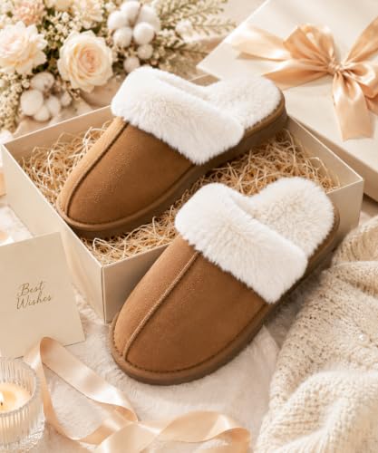 Litfun Women's Fuzzy Memory Foam Slippers Fluffy Winter House Shoes Indoor and Outdoor, Chestnut 8