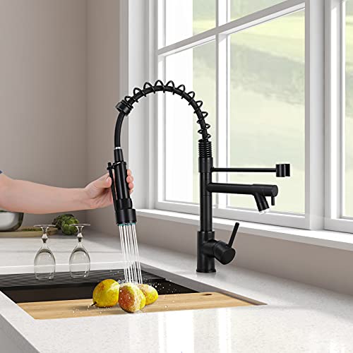 Qomolangma Commercial Kitchen Sink Faucet With Pull Down Sprayer, Modern Single Handle Kitchen Faucets With Led Light, Matte Black #TOP1
