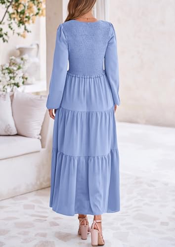 Image of PRETTYGARDEN Fall Dresses for Women 2025 Casual Long Sleeve V Neck Smocked A Line Long Flowy Wedding Guest Dress (Light Blue,X-Large)