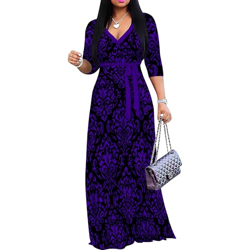 Image of Women Plus Size 3 /4 Sleeve V Neck Maxi Dress with Pockets | Soft fabric relaxed fit three quarter sleeve v neck with pockets for party and daily wear