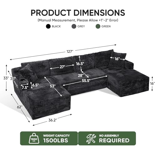 Image of Boneless Couch, 127 inch Sofas for Living Room, U Shaped Couch with Chaise | Cloud Couch Sectional with Cup Holders and Storage, Cloud Sofa with Deep Seat, Grey, Corduroy, No Assembly