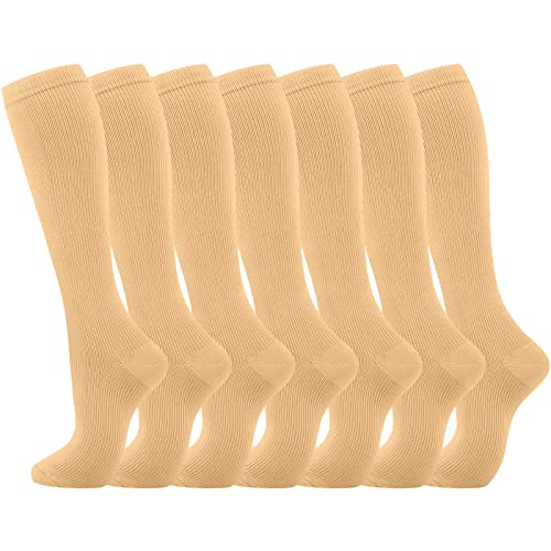 Generisch 2025 - Calcetines de compresión 7 pares para mujeres hombres circulación calcetines hasta la rodilla son el mejor soporte para correr deportivo Ciclismo Medias opacas sin soporte, beige, S