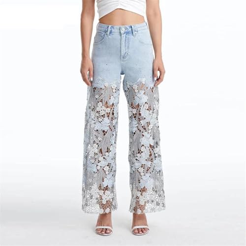 Women’S High Waist Straight Jeans with Solid Loose Spliced Hollow Out and Wide Leg Pants2