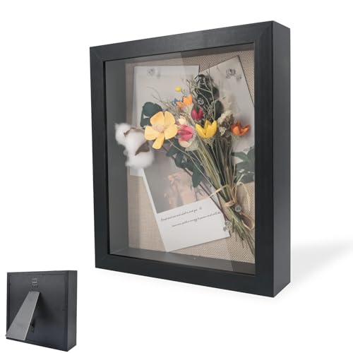 Cadre Photo 3D, Cadre Photo Profond à Remplir 20 x 20 cm, avec Plaque Acrylique Transparente, Cadre Objet 3D Profond 3cm, pour Objets, Fleurs, Cadeau de Mariage, Noir