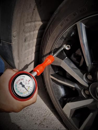 Image of Analog Tyre Pressure Gauge with Rod Nozzle & Large Dial | Heavy Duty Metal Tyre Air Pressure Meter PSI & kg /cm | Portable Tyre Pressure Tester for Car Bike Truck Motorcycle