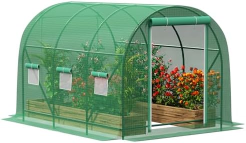 10×7×7 FT Greenhouses for Outdoors Heavy Duty, Large Walk in Green Houses for Outside with 6 Ventilated Mesh Windows & Roll-up Door & Reinforced Frame