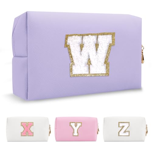 Personalized Makeup Bag Initial A-Z Preppy Patch Bag,Small PU Leather Travel Cosmetic Bag Pouch with Zipper,Purple Cute Toiletry Bag,Gift Ideal for Teen Girls Women Birthday Friend Mom,Latter W