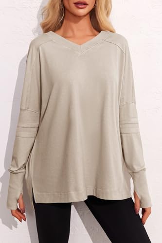 Tankaneo Womens Long Sleeve Workout Tops Oversized Hiking Shirts V Neck Side Split Gym Tunics with Thumb Holes3
