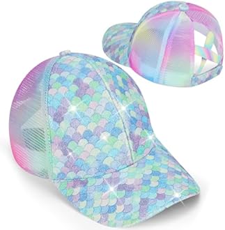 BROMZ Girls Glitter Baseball Cap Kids Ponytail Hat Adjustable Summer Mesh Trucker Hats for 4-12 Years