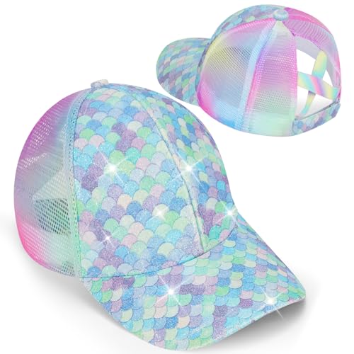 Girls Glitter Baseball Cap Criss Cross Hat, Girl Ponytail Hat - Kids Baseball Cap with High Bun Messy Ponytail (Ages 5-15)
