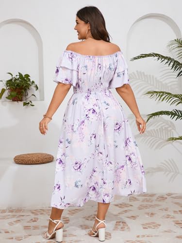 Image of Plus Size Maxi Dress Off The Shoulder Ruffle Smocked Wedding Guest Cocktail Slit Hem Flowy Dresses for Curvy Women