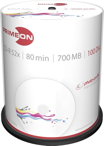 Formato: CD-R (photo-on-disc) Primeon CD-R 80 min/700 MB/52x Cakebox (100 Disc), Photo On Disc Surface, Inkjet Fullsize Printable