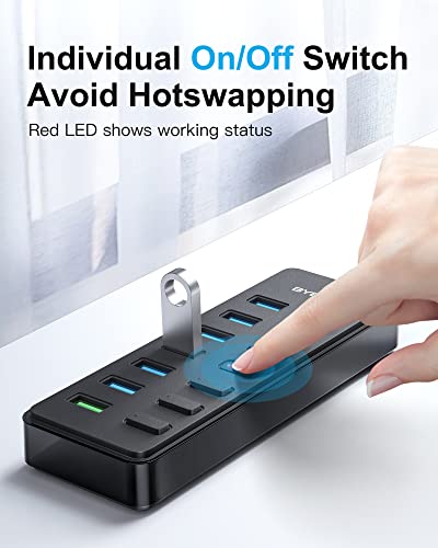 Byeasy 7 In 1 Usb Hub With Bc1.2 Smart-Charging Port, Powered Usb 3.0 Hub With 5V/3A Power Adapter,Usb Data Splitter With Individual Indicator For Notebook Laptop Tablet Usb Flash Drives Pc #TOP2