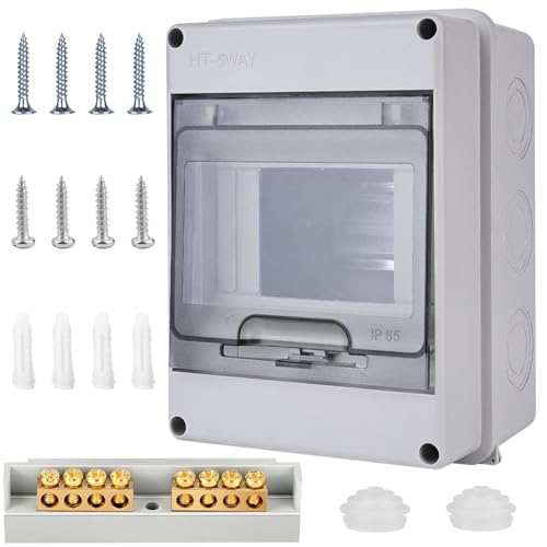 Luthando Sicherungskasten Aufputz, Verteiler IP65-1 Reihig-5 Module, IP65 Wasserdicht Verteilerkasten mit Messingklemmen, für Garten oder Außenbereichen Elektrik, Villen, Ladesäulen