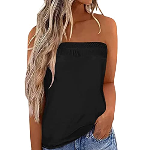Felcia Damen Tube Tops Ärmellos Trägerlos Rückenfrei Plissee Bandeau Tank Top Sommer Tunika Camis Shirt für Strand Urlaub, A-schwarz, XL