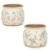 Sungmor 2 Pack Farmhouse Ceramic Planters, Tuscan Decor, Leaf & Floral