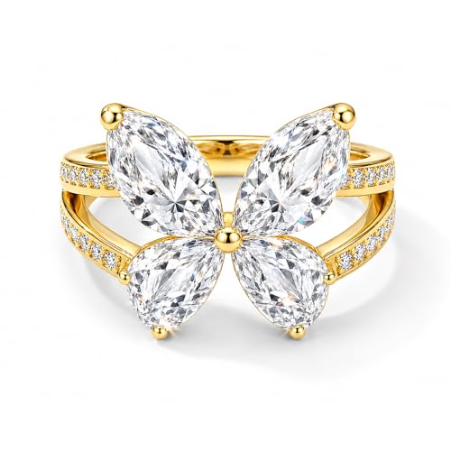 TOPROO Butterfly Ring 14K Gold Plated 925 Sterling Silver with CZ Stone