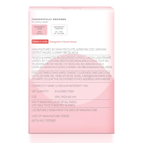Image of Nua Maternity Comfort Pads | XXXL 400mm | Pack of 8 | For Postpartum Bleeding and Clots | Rapid Absorbent Core | Edge-to-edge Protection | Elevated Central Core | Front to Back Coverage | Super Soft and Breathable | No Rashes | 100% Toxic-Free, Dermatologically Tested | Safe on Skin | Convenient and Hygienic Disposal
