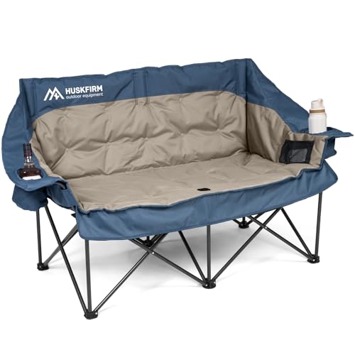 Double Camping Chair Oversized Padded Camping Chairs for Adults Folding Loveseat with Cup Holders and Side Pockets Heavy Duty Outdoor Lawn Chairs for Camping,Sports, Fishing,Beach,Blue