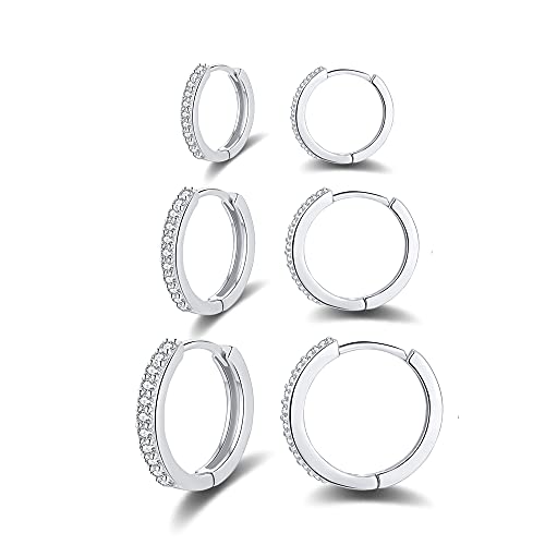 GULICX Créoles Boucles d'oreilles pour Femme Fille en Argent fin 925 avec Zircone Cubique, 3 Paires Petites Créoles Anneaux Cartilage Ensemble Plaqué Or Blanc, Diamètre 10, 12, 14mm Cover