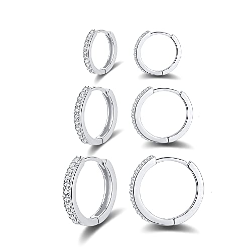 GULICX Créoles Boucles d'oreilles pour Femme Fille en Argent fin 925 avec Zircone Cubique, 3 Paires Petites Créoles Anneaux Cartilage Ensemble Plaqué Or Blanc, Diamètre 10, 12, 14mm