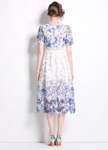 Image of LAI MENG FIVE CATS Women's Lace Floral Short Sleeve Crochet Waist Cocktail Midi Dress