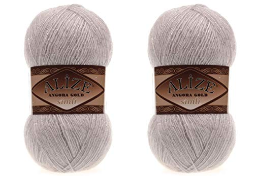 Alize Angora Gold Simli 5% Metallic 20% Wool 75% Acrylic Lot of 2 skn 200gr 1100 ydsYarn Thread Crochet Lace Hand Knitting Turkish Yarn (168 Winter White)
