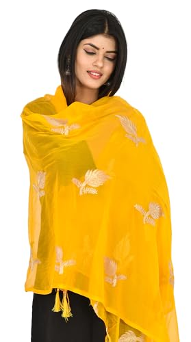 Image of YOUTHQUAKE Women's Golden Patti Work Embroidered Chiffon Dupatta for Womens & Girls With Latkan