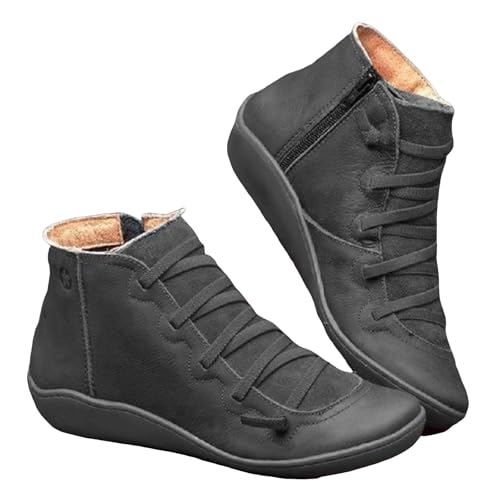 Ankle Boots for Women 2025,Women's Vintage Casual Short Ankle Boots,Arch Support Fashion No Heel Lace Up Side Zipper Retro Booties Comfortable Slip On Flat Shoes Fall Spring Autumn Winter
