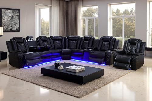 Image of Power Reclining Sectional Sofa Set with LED Light, Leather Sectional Couches, Living Room Furniture Sets, Modern Power Recliner Sofa Sets with 3 Recliner Seater, Couches for Living Room