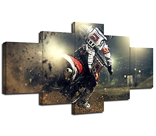 Wall Art Motocross Racing Dirt Bike Wall Decor Picture Canvas Print Extreme Sport Poster Painting Framed Home Living Room Boys Room Decoration 5 Panel Ready to Hang(60''Wx32''H)