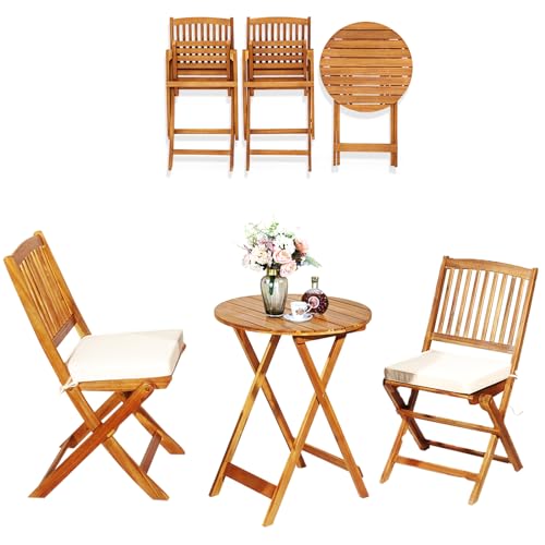 LIFEZEAL Set da Bistrò per Balcone Pieghevole, Set di Mobili da Esterno, 3 Pezzi, Set Tavolo e Sedie da Giardino con Cuscino Imbottito in Legno di Acacia, Tavolo Portato 80kg, Sedie Portate 160kg