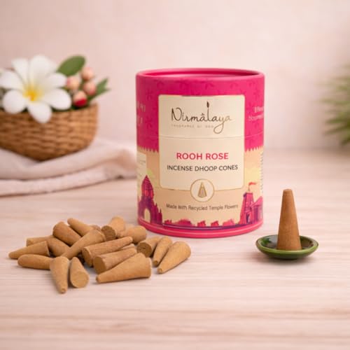 Image of Nirmalaya Premium Rooh Rose Dhoop Cones | 60 Bambooless Incense Cones with Stand | Made from Sacred Flowers | Charcoal Free Cones | 25 Min Burn Time for Pooja & Meditation