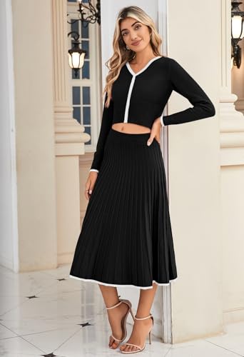 Pink Queen 2 Piece Sets For Women Long Sleeve Crop Top Pleated Skirts Ribbed Knit Matching Set Fall Outfits3