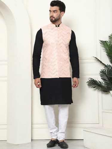Image of SOJANYA (Since 1958 Men's Pure Cotton Kurta and White Pyjama with Sequins Nehru Jacket