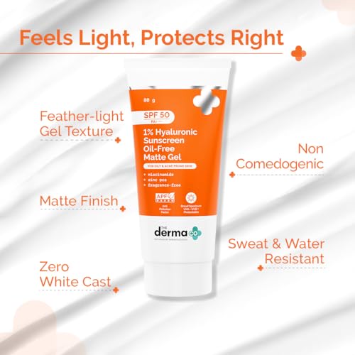 Image of The Derma Co 1% Hyaluronic Sunscreen Oil-Free Matte Gel | Lightweight Sunscreen for Oily & Acne-Prone Skin | SPF 50 & PA++++ Protection | Safe & Effective | 80 g