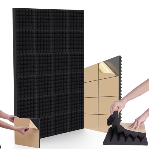 24 pezzi di schiuma acustica, autoadesivo, piramidi in schiuma, 30 x 30 x 5 cm, podcast, studi di registrazione, uffici, home theater, tappetini in schiuma a batteria (nero)