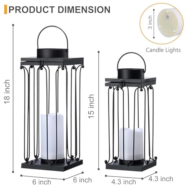 Solar Lantern Decorative Outdoor Set of 2 (18¡¯¡¯ & 15¡¯¡¯) Modern Black Metal Lanterns with Solar Candles, Decorative Candle Lanterns for Outdoor Porch, Patio, Garden, Yard Decor