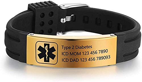 DaMei Personalized Silicone Adjustable Medical Alert Bracelets Waterproof Sport Emergency ID Name Bracelets for Men Women (Black-4)