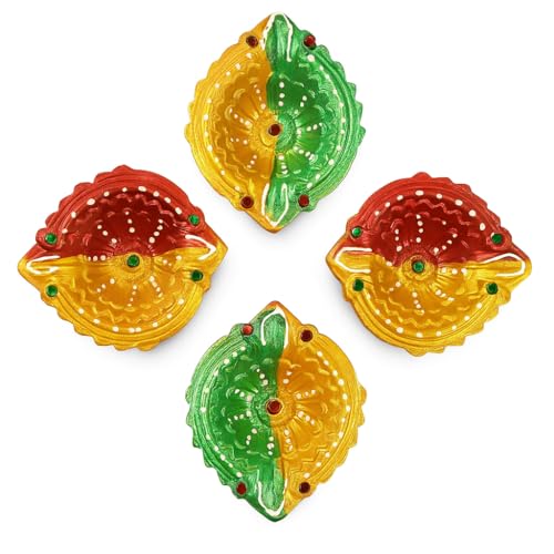 Decorative Diya Set of 4 for Diwali Decoration | Hand Painted Cla...