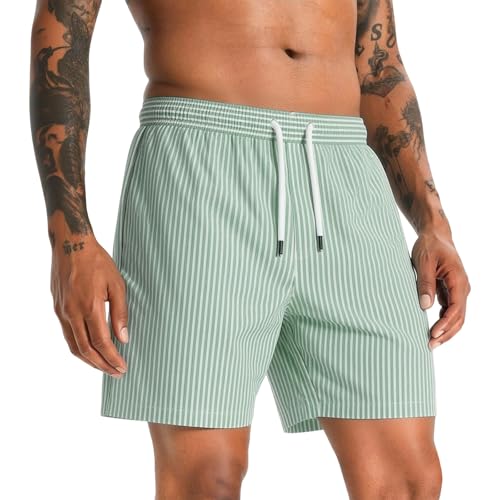 Letfool Men's Swim Trunks Fashion Drawstring Waisted Striped Beach Shorts Quick Dry Swim Suits Board Shorts Green