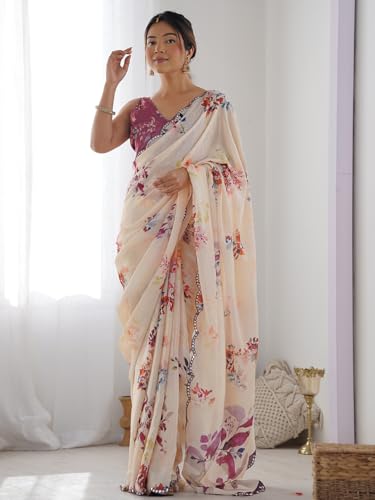 Image of Panzora Women's Chinon Printed Saree With Unstitched Blouse Piece