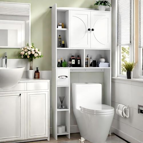 infurnic Over The Toilet Storage Cabinet, Farmhouse Storage Cabinet Above Toilet Bathroom Organizer with Toilet Paper Holder Space Saving for Bathroom, Laundry Room&Small Space, White