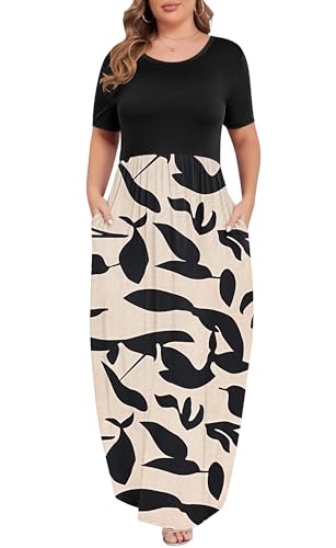 Image of KARALIN Women Plus Size Maxi Dress Short Sleeve Round Neck Loose Fit A-Line | Plus Size Long Dress,Summer Casual Maxi Dresses,Short Sleeve,Side Pockets,Round Neck,Elastic Waist,14 Plus - 26 Plus