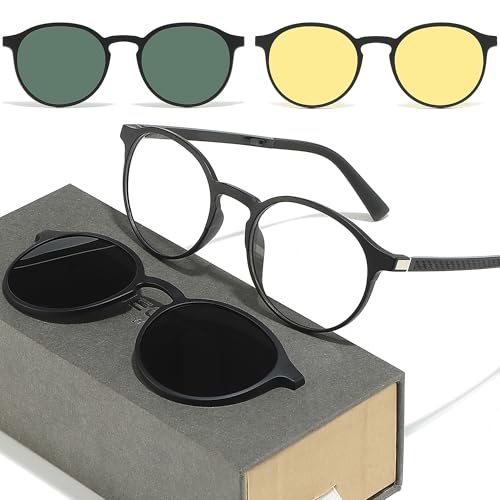 Image of Retro Round Glasses Frame for Men Women With 3 in 1 Polarized Magnetic clip on Sunglasses Eyeglasses Optical Eyewear