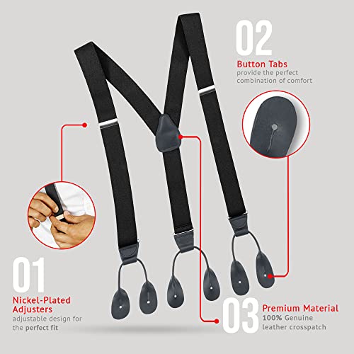 Hold’em - Y-Back Button Suspenders For Men, Leather-Trimmed Men's Suspenders, Adjustable Suspenders With Crosspatch And Button Tabs, Essential Fashion Accessories For Men, Black Suspenders, 46 Inches #TOP2