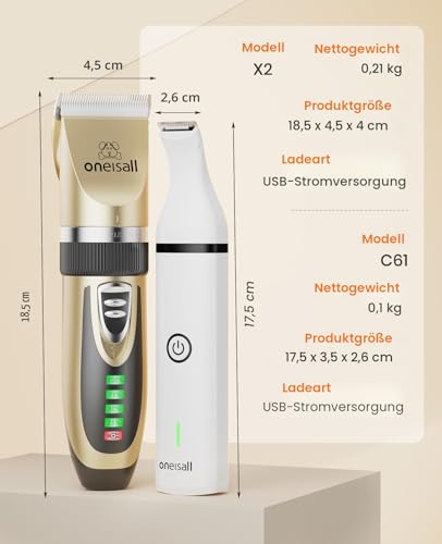 oneisall Hunde-Haarschneidemaschine und Hundepfoten-Trimmer, 2-in-1-Set, geräuscharm, schnurlos, für die Fellpflege von Tierhaar, für kleine und große Hunde, Katzen, Tiere