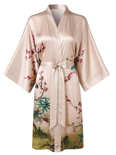 Image of Women's Silk Kimono Robe Short Bathrobe Nightgown 100% Mulberry Silk for Women - Classic Floral Pattern