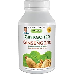 ANDREW LESSMAN Ginkgo 120 Plus Ginseng 200-120 Capsules – Standardized Extract Blend to Support Brain, Memory and Cognitive Function. Adaptogen, Combats Stress and Fatigue. No Additives